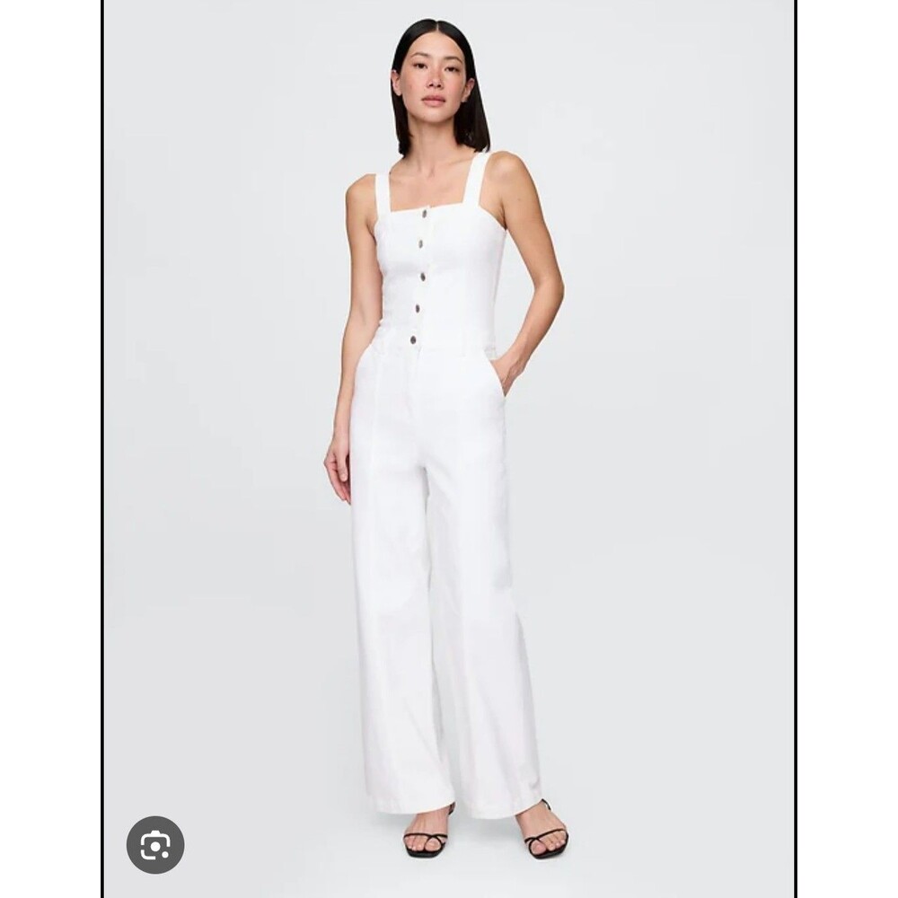 New Gap Denim Jumpsuit Overalls Size 10 Sleeveless Wide Straps Square Neck White